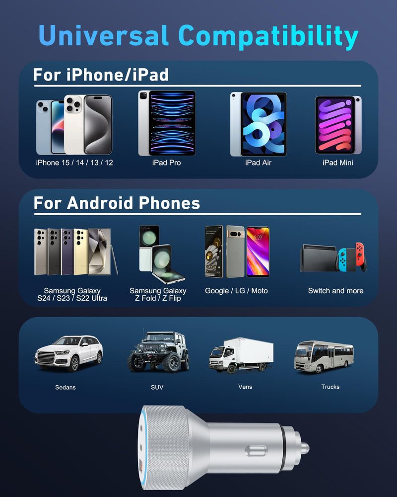 iPhone 15/15 Pro Max Car Charger, 67W 3-Port Fast USB C Car Charger Power Cigarette Lighter Adapter with 3FT USB C to C Cable for iPhone 15/15 Plus/15 Pro Max, iPad Pro/Air/Mini, AirPods Pro
