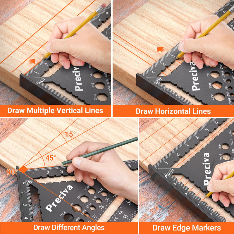 Preciva Carpenter Square Set, 12 inch (1/16" Scale) and 7 inch Rafter Square Aluminum Alloy, Multi-Purpose Carpenter Tool Measuring Layout Tool for Woodworking and Carpentry 7+12 IN