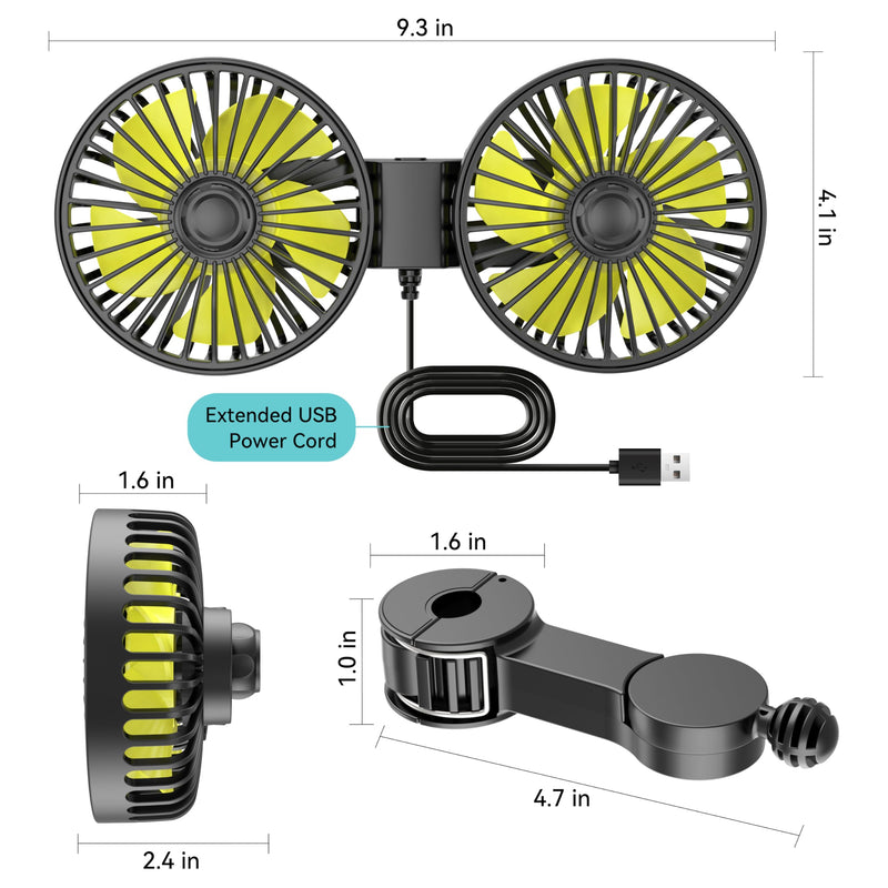 Car Fan for Rear Seat Passenger Dual Head USB Car Seat Fan for Backseat Kids, 360° Rotatable 3 Speeds Air Circulation Fan for Baby, USB Car Fan with Adjustable Clip for Vehicles SUV RV Vehicles USB Backseat Fan