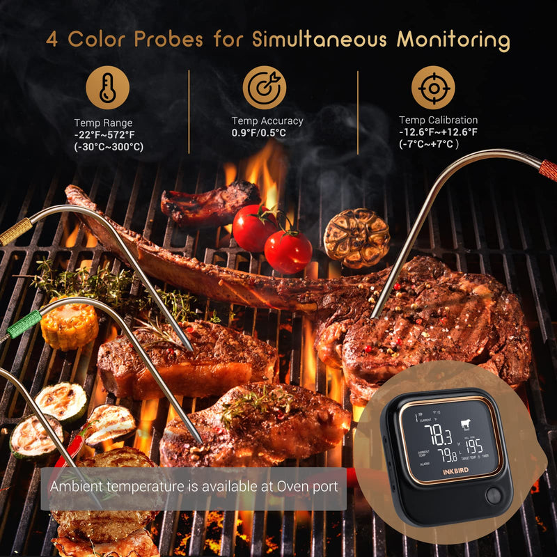 5GHz WiFi & Bluetooth 5.1 Meat Thermometer, Inkbird WiFi Grill Meat Thermometer for Grilling Smoker BBQ Cooking with 4 Probes, IBT-26S Wireless APP Control, Alarm Timer, Backlit LCD, Rechargeable 26S