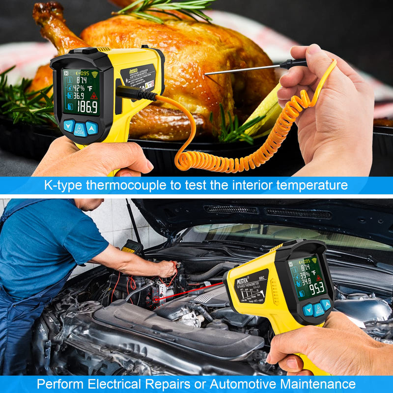 Infrared thermometer laser MESTEK temperature measuring device with K-probe IR pyrometer -50°C to 800°C non-contact color LCD alarm function adjustable emissivity for kitchen