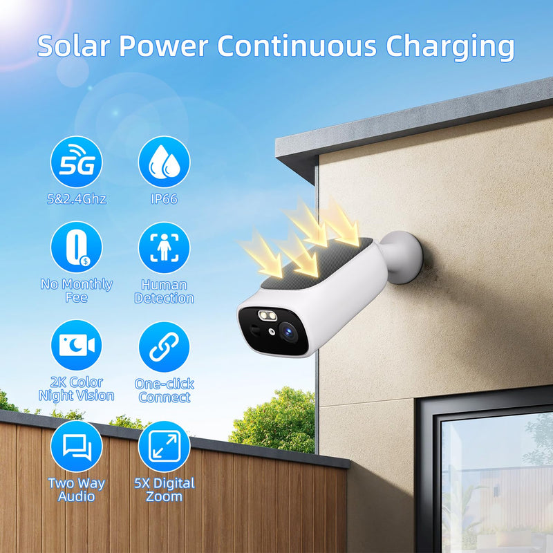 2K Solar Camera Outdoor Wireless, 5/2.4Ghz WiFi Cameras for Home Security, AI Motion Detection, Color Night Vision, Two-Way Audio, Waterproof, Work with Alexa/Google Home, No Monthly Fee(2 Camera) 2-Cam (built-in solar panel