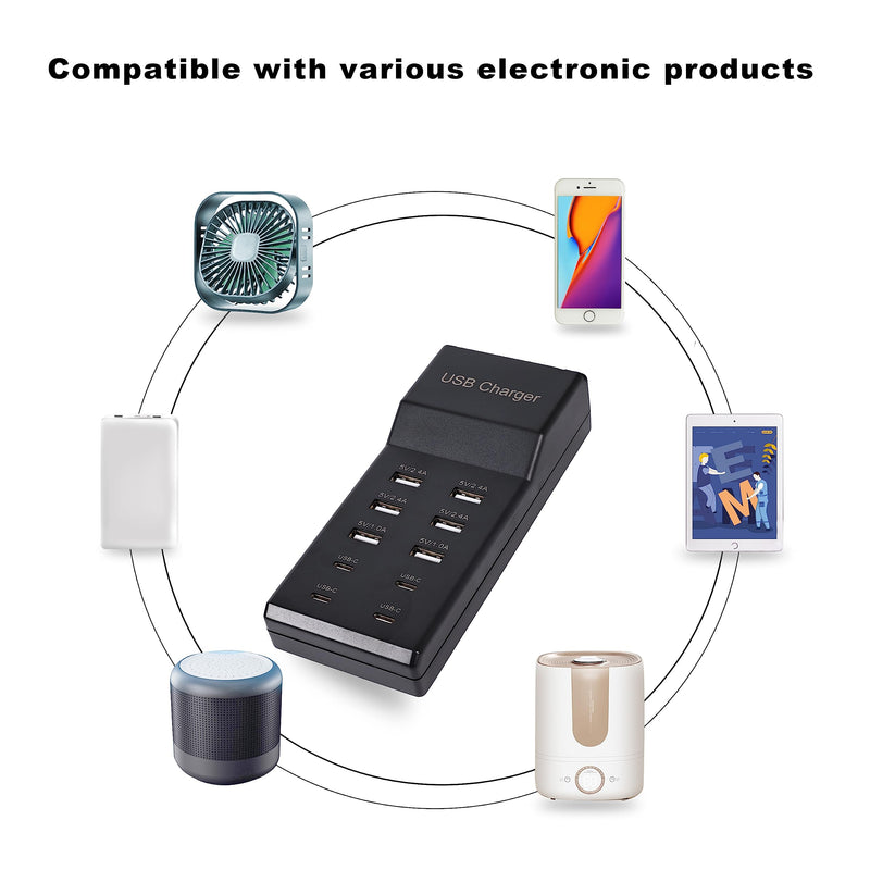 USB Charger,50W USB Charging Station with 10-Port (6 USB-A Port & 4 USB-C Port) Compatible with iPhone 15/14/13/12/11/X/8/7/6 Phones, Watch,Tablets, Smartphones Black 6USB-A&4USB-C Ports-black