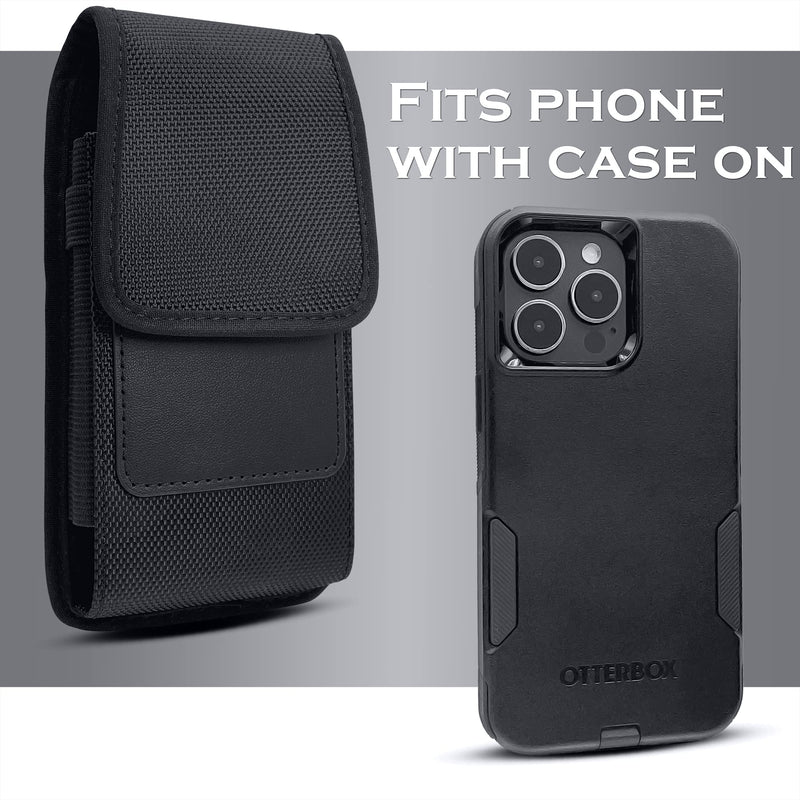 Cell Phone Pouch Belt Holster Case for iPhone 15, 15 Pro 14, 14 Pro 13 Pro, 13 12 Pro Xs X 11 XR Samsung Galaxy S24 S23 S22 S21 S20 S10 S9, ID Card Slot Holder (Fits Otterbox Commuter) Black Medium