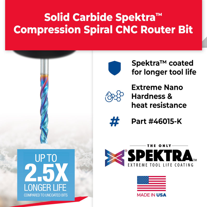 Amana Tool Spektra Extreme Tool Life Solid Carbide CNC Compression Spiral Router Bit, 46015-K, 1/8 D x 13/16 CH x 1/8 Shank x 2-1/2 Inch Long 3 Flute 1/8 x 13/16 x 1/8 x 2-1/2 - 3 Flute