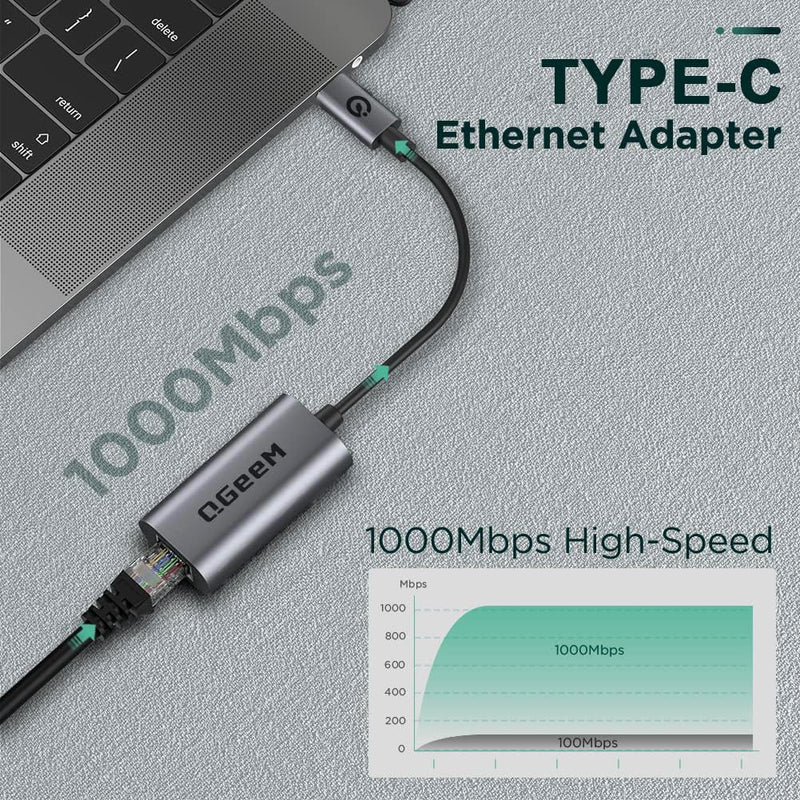 USB C to Ethernet Adapter, QGeeM Gigabit Ethernet to USB Type C, Thunderbolt 3/4 to RJ45 LAN Network Adapter Compatible for iPhone 15 Pro/max, MacBook Pro/Air, iPad Pro, Dell XPS etc-Classic Gray Classic Gray