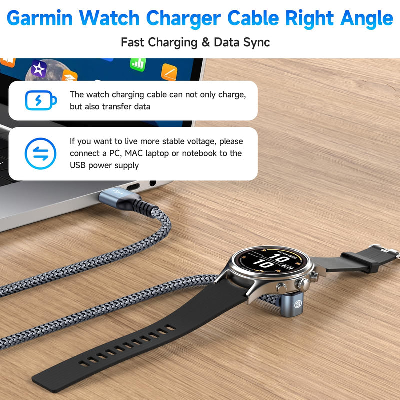 Garmin Watch Charger Cable Right Angle [2-Pack,3.8ft] Compatible with Garmin Fenix 5 5S 5X 6 6S 6X Plus Pro 7 7S 7X, Forerunner 945 45 45S 245 Music,Approach S10 S40 S60 G12 S42,Vívoactive 3 4 4S-Grey