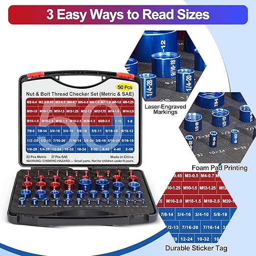 50Pcs Thread Checker, Bolt Size Finder Nut and Bolt Thread Checker, 23 Metric & 27 SAE Box Set Thread Gauge Size Checker in Narrow Area