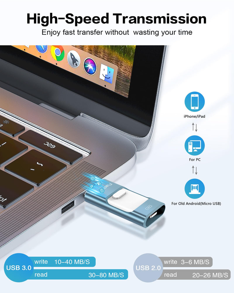256GB Flash Drive for iPhone Photo Stick,Thumb Drive USB Stick High Speed Transfer USB Drives External Picture Video Storage Memory Expansion for iPhone/iPad/PC (Blue) 256GB A-Sky Blue