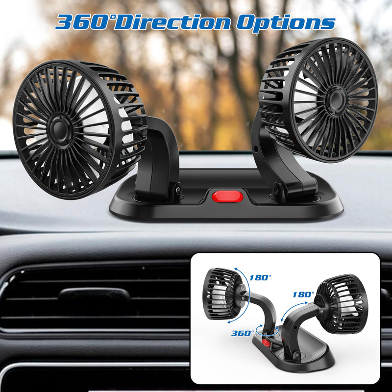 USB Adjustable Dual Head USB Car Fan, Portable Vehicle Cooling Fan with 2 Speeds, 360° Rotation Car Essentials Car Cooler Fan for SUV, RV, Truck, Sedan, Cruise, Car and Home Office Desk Fan USB Windscreen Fan/ Desk Fan