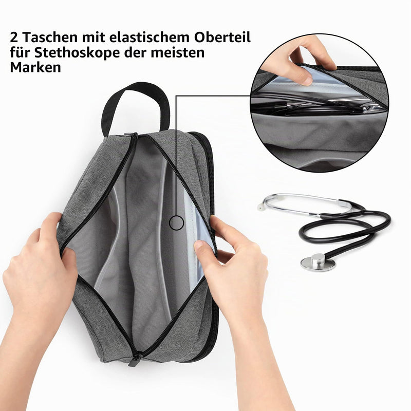 Trunab Stethoscope Bag Compatible with 3M Littmann/MDF/ADC, Gray | Holds two stethoscopes or BP cuffs, medical bag with extra pocket for nursing accessories gray