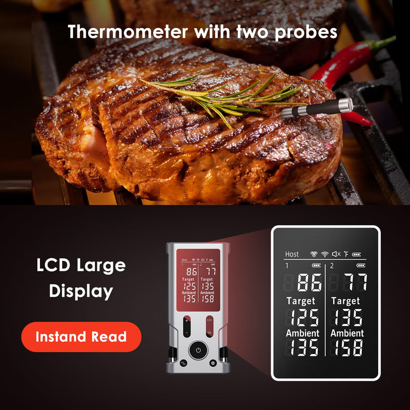Wireless Meat Thermometer, 800FT Bluetooth Cooking Thermometer, 2 Ultra-Thin Probes, LCD Display, Digital Food Thermometer for Grill, BBQ, Smoker, Air Fryer, Rotisserie X-109