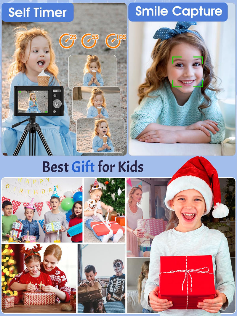 Digital Camera, 1080P Kids Digital Camera with 16X Digital Zoom, Flashlight, Compact Digital Point and Shoot Camera for Kids Children Boys Girls Beginners, 2 Batteries, Date Stamp, Black