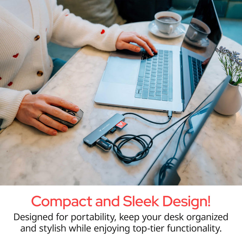 Verbatim USB-C Essentials Multiport Hub – 4 Ports: (1) USB-A 2.0, (1) USB-A 3.0/3.2 Gen 1, (1) USB-C 3.0/3.2 Gen 1 with 4K HDMI and Up to 100W Power Delivery