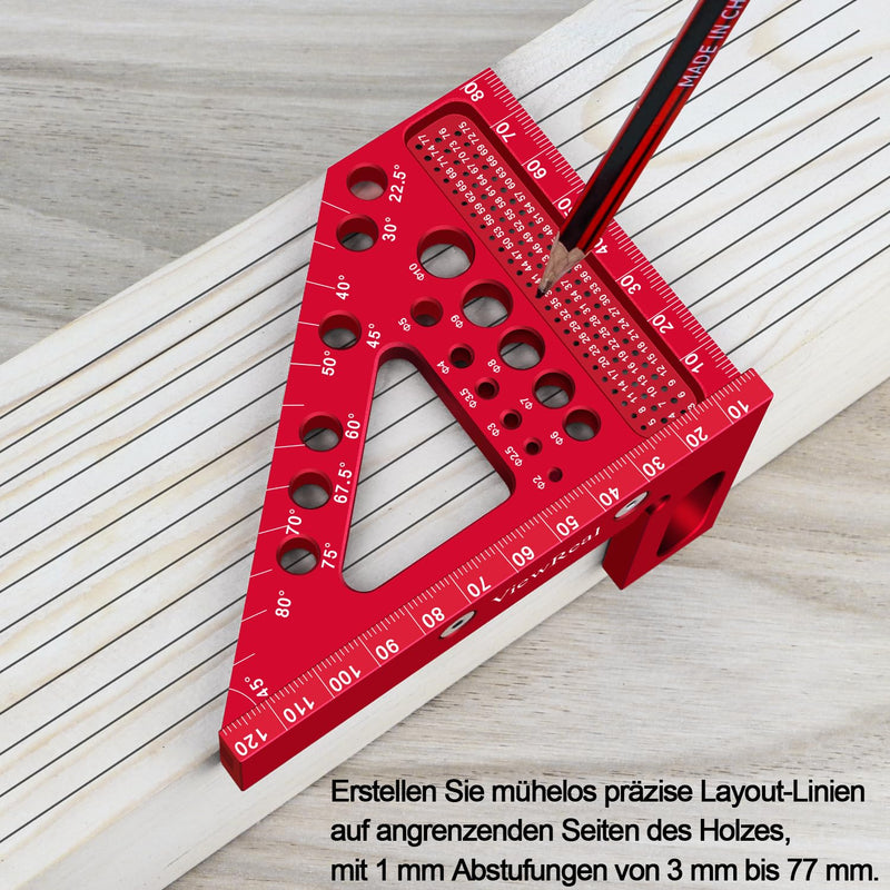 3D Mitre Square Multifunctional 22.5-90 Angle Measure Aluminium Alloy High Precision Layout Measuring Tool Scribing Tool Woodworking Measuring Tools for Carpenters, Engineers Red
