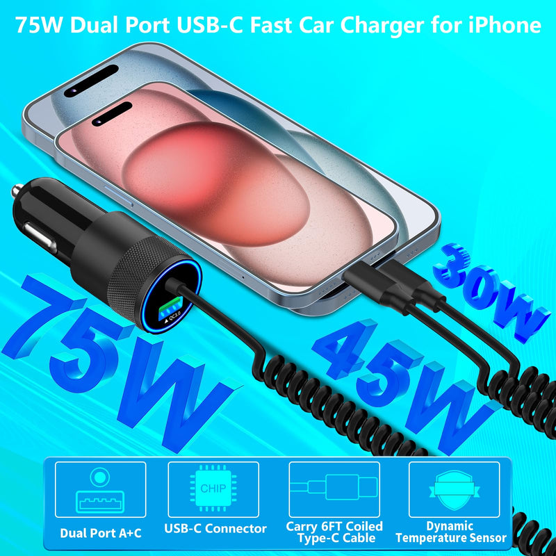 【MFi Certified】iPhone 15 Car Charger Fast Charging, Braveridge 75W USB-C PD&QC Car Power Cigarette Lighter USB Car Charger + 6FT Type-C Coiled Cable for iPhone 15 Pro/15 Pro Max, Galaxy S24/S23, Pixel Platinum Black(75W PD+QC3.0)