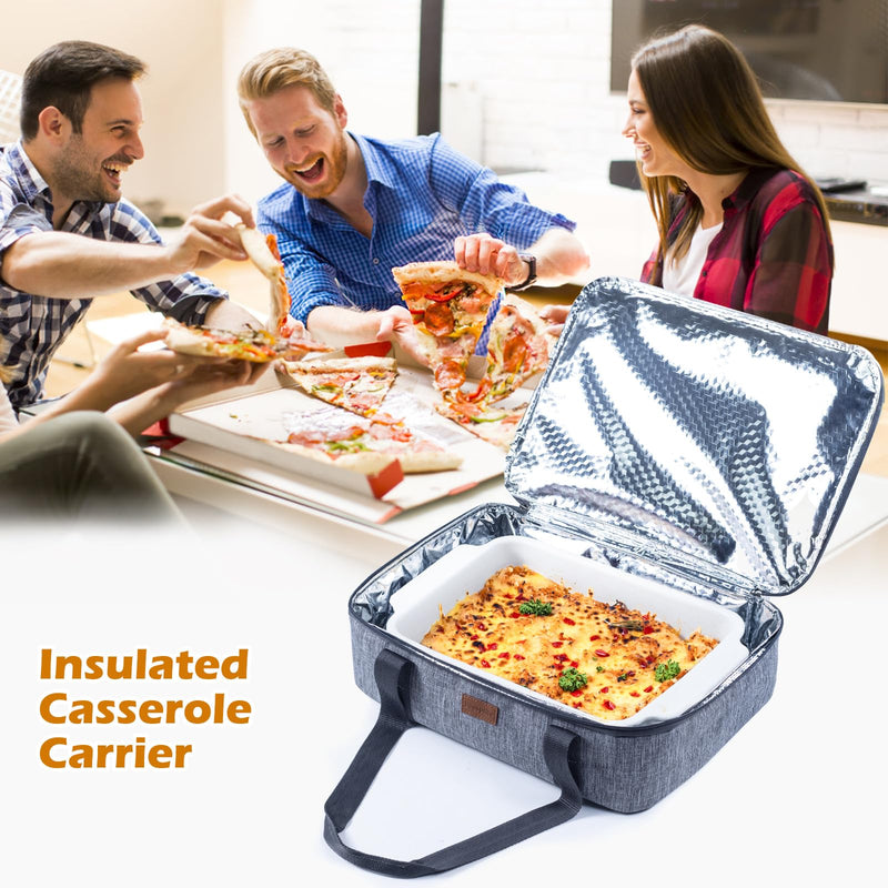 BAGSPRITE Insulated Casserole Carrier for Hot or Cold Food with Heat-resistant Mat, Casserole Dish Carrier Insulated Food Carrier, Hot Food Carrier, Foil Pan Carrier Fits 9" x 13" Baking Dish Grey Style A