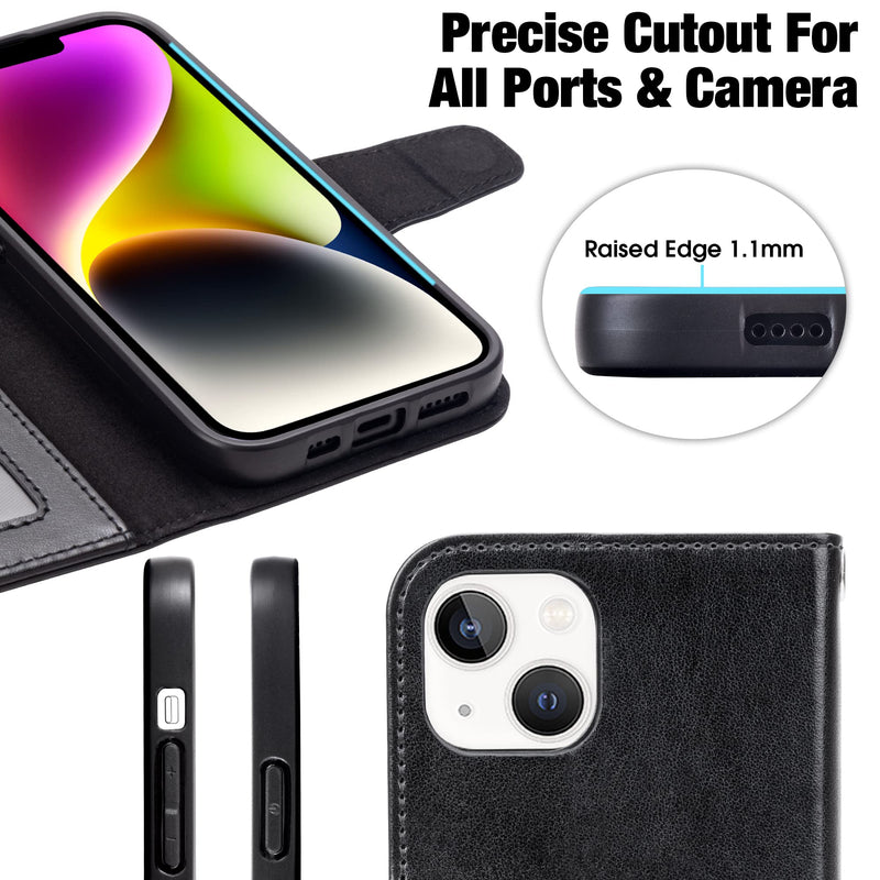 Arae Compatible with iPhone 14 Wallet Case with Card Holder and Wrist Strap Wallet Flip Cover for iPhone 14 6.1inch, Black iPhone 14 6.1 inch