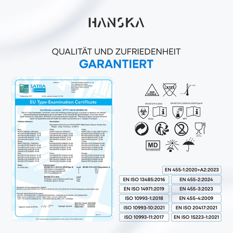 HANSKA Disposable Nitrile Gloves, Blue, Powder-Free, Insert and Bet, Ambidextrous, Non-Sterile, Rubber Base, Suitable for Medical, Food Handling (100, L) 100 cm