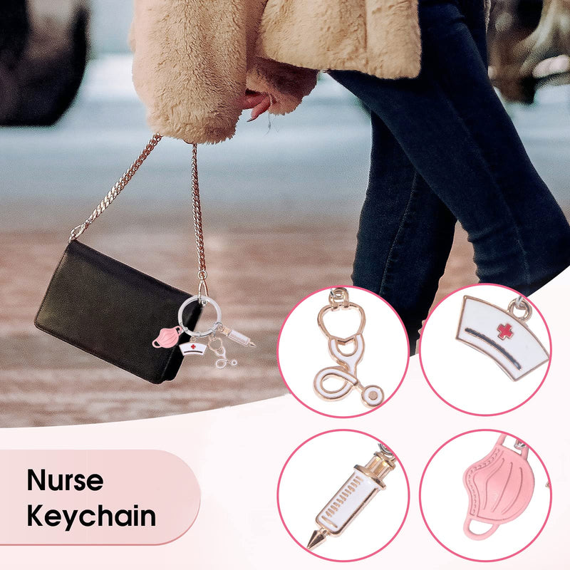 WOOXDYUK Nurse Keychain Novelty Stethoscope Syringe Love Heart Metal Keyring Hanging Pendant for Doctor Nurse Gifts for Friends Pink