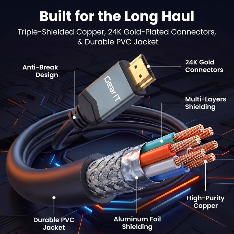 GEARit HDMI Cable 8K@60Hz, 10FT HDMI Cord Ultra HD 2.1 4K@120Hz (5-Pack), 48Gbps, Compatible with PS5, Xbox Series X, TV, RTX 5070/4070 Black 10 Feet (5-PK)