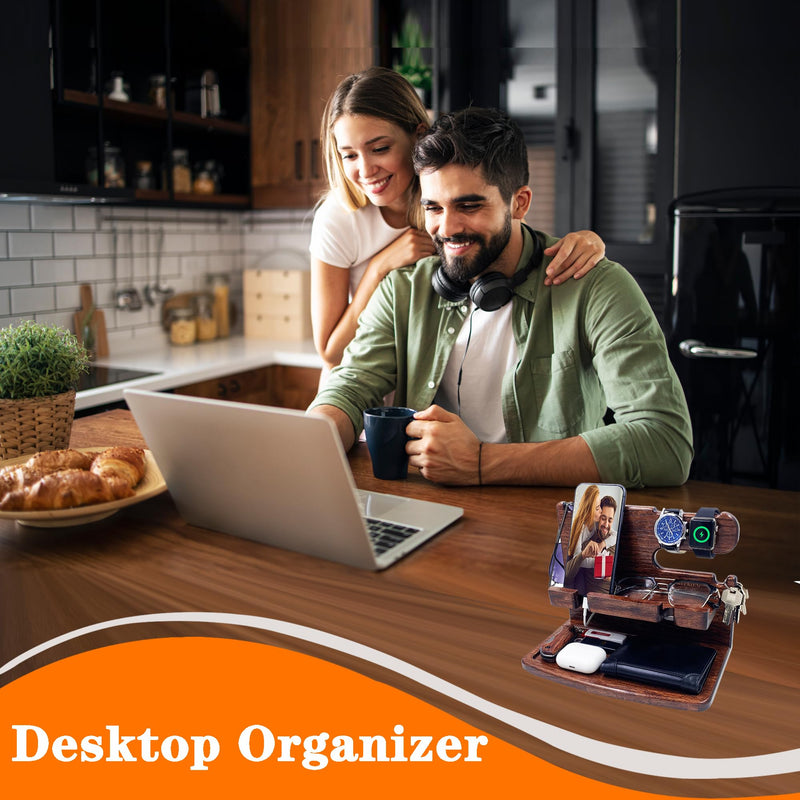 Gifts for Men Women Dad Husband Boyfriend Wood Phone Docking Station Nightstand Organizer for Men Birthday Gifts (Dark Brown) dark brown