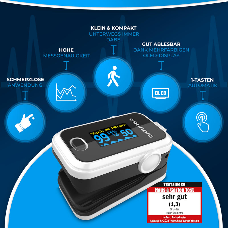 GRUNDIG Pulse Oximeter Oxygen Saturation Oximeter, High Precision Finger Oximeter Meter for Clinically Accurate Determination of Oxygen Saturation in Blood, Finger Measuring Device with Pulse Monitor Test