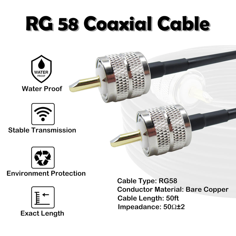 RG58 Coaxial Cable 50 Feet Solid Copper, UHF Male PL-259 to UHF Male PL-259 Low Loss, 50 Ohm Coax Cable for CB Radio, Ham Radio, SWR Meter, Police Scanner, Antenna Tuner (50FT) 50FT