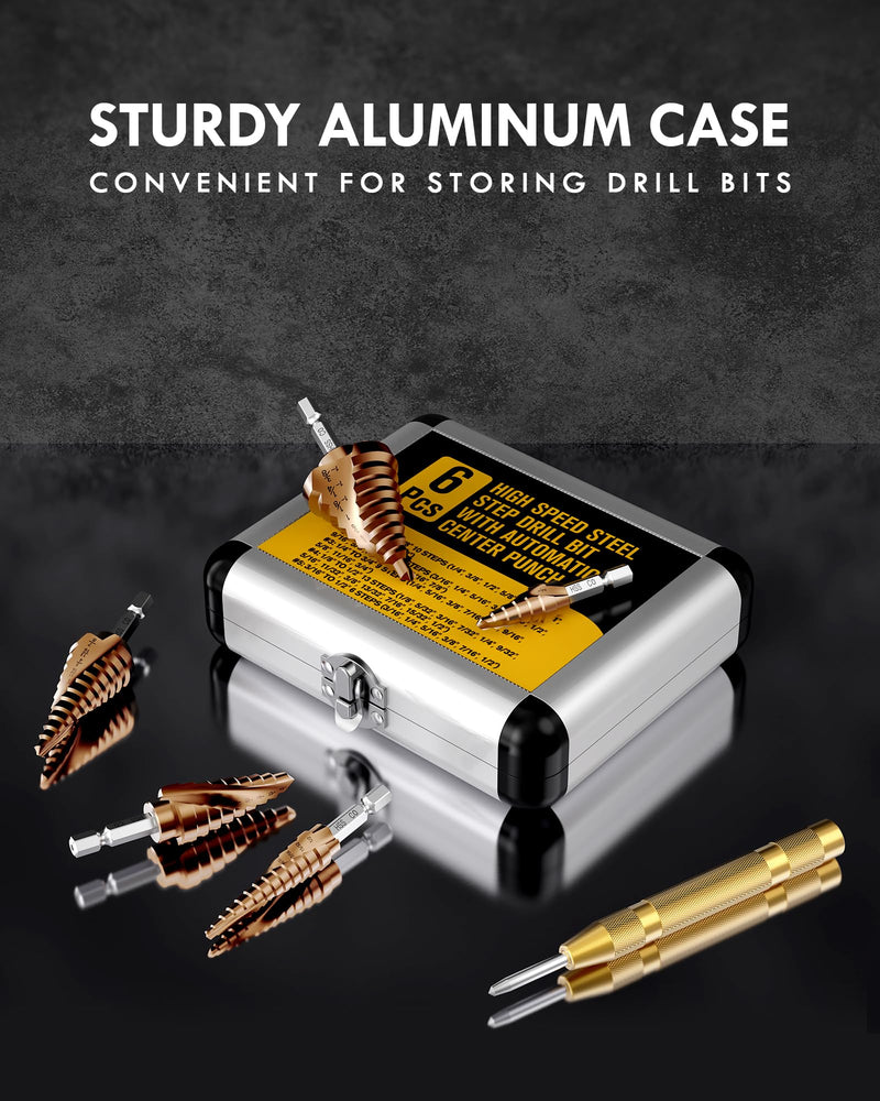 M35 Cobalt Step Drill Bit Set with Automatic Center Punch, 1/8" to 1-3/8", 6 PCS Step Drill Bit for Stainless Steel, Metal, Aluminum, Copper, Wood, PVC 1/8"-1-3/8"(M35)(6Pcs)