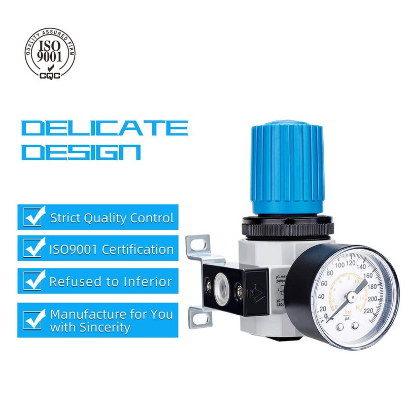 NANPU 1/4" BSP Air Pressure Regulator - Zinc Alloy, Pressure Gauge (0-16 bar), for Air Compressors and Air Tools 1/4" BSPP