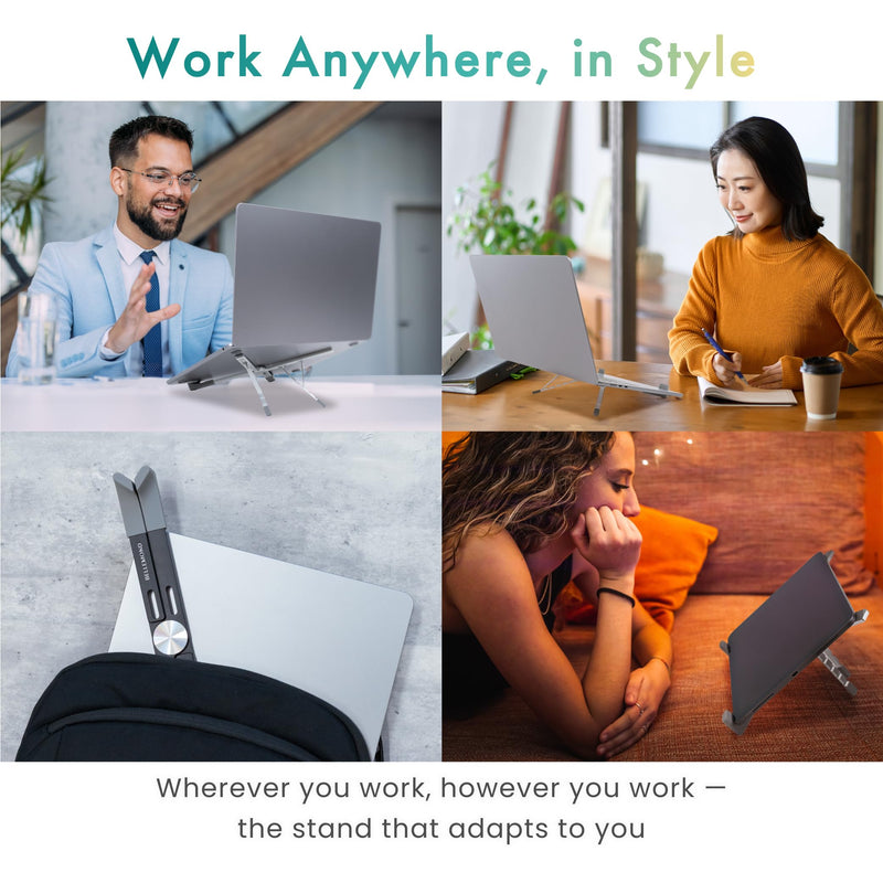 BELLEMOND | Adjustable Laptop Stand – Lightweight Aluminum Riser with 5 Height Levels | Foldable, Ventilated X-Frame Design | Designed in Japan | Fits Laptops & Tablets up to 17.3” | Space Silver