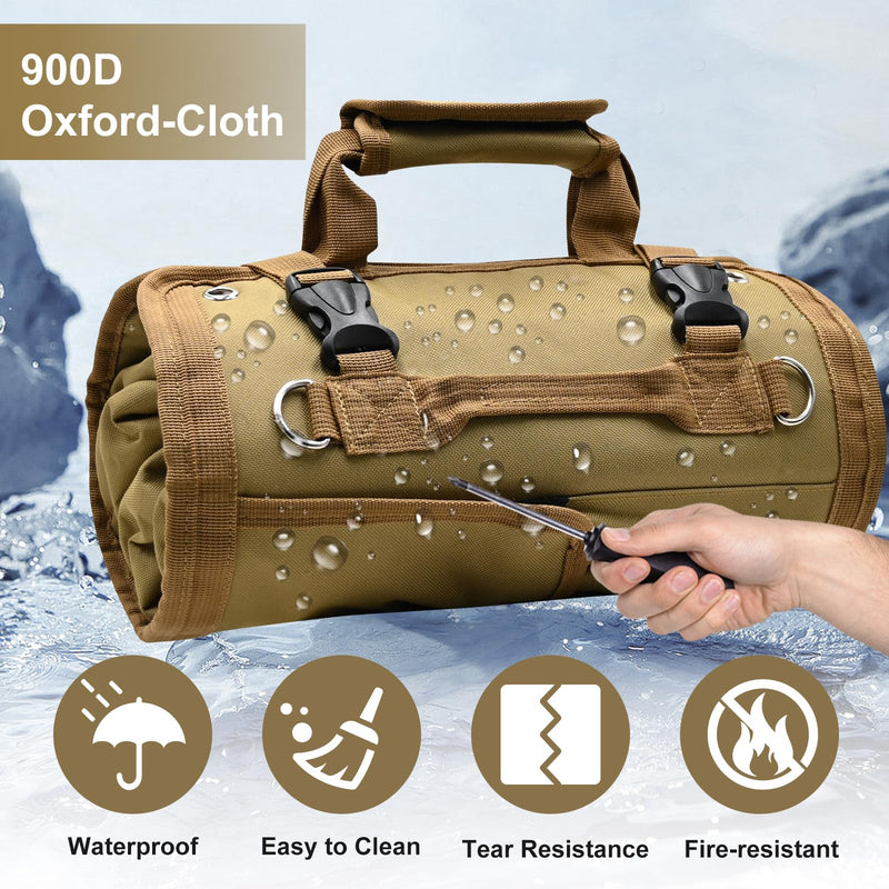 Roll Up Tool Bag, Heavy Duty Tool Roll Bag, Tool Roll Organizer with 2 Detachable Pouches, 900D Waterproof Oxford Cloth, Gifts for Dad, Men/Women, Mechanic, Electricians, Repairman, Khaki