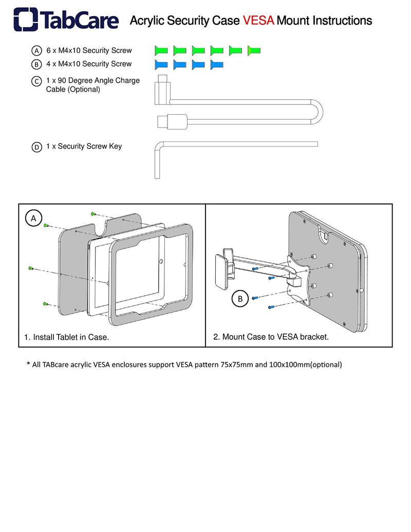 TABcare Anti-Theft Acrylic VESA Enclosure for Apple iPad 2/3/4 9.7" with Free Wall Mount Kit & 90-Degree Angle Charge Cable (iPad 2/3/4 9.7", White) iPad 2/3/4 9.7"
