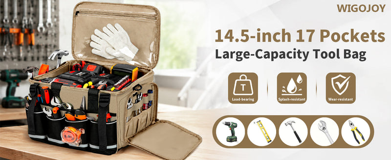 14-Inch Heavy Duty Tool Bag, 17 Pocket Tool Box Organizer Khaki