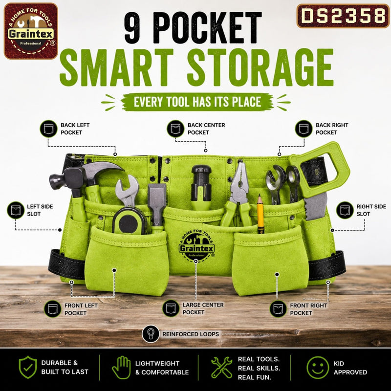 Graintex DS2358 :: 9 Pocket Children Tool Belt Lime Green Color Suede Leather, Kids Real Tool Belt, Boys and Girls Tool Apron for Home Improvement, 1.1/2" Leather Belt, Hammer Loops 9 Pockets