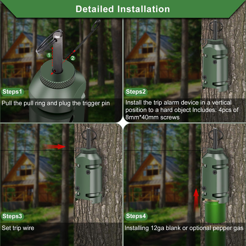 Perimeter Trip Alarm,Trip Alarm,12 Gauge Camping Trip Wire Alarm Device with 4pcs Screws,Early Warning Security System for Outdoor and Property Safety/Bear Deterrent -Dark Green (Adapter Not Included 2pc-Dark Green
