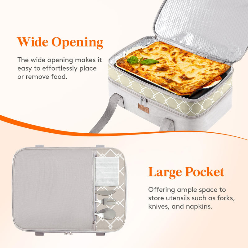 Lifewit Insulated Double Decker Casserole Carrier, Lasagna Lugger Holder for Hot or Cold Food, Fits 9" x 13" Baking Dish, Thermal Lunch Tote Bag for Potluck Parties, Picnic and Cookouts, Grey Gray 15.7 x 11.4 x 8.3inch