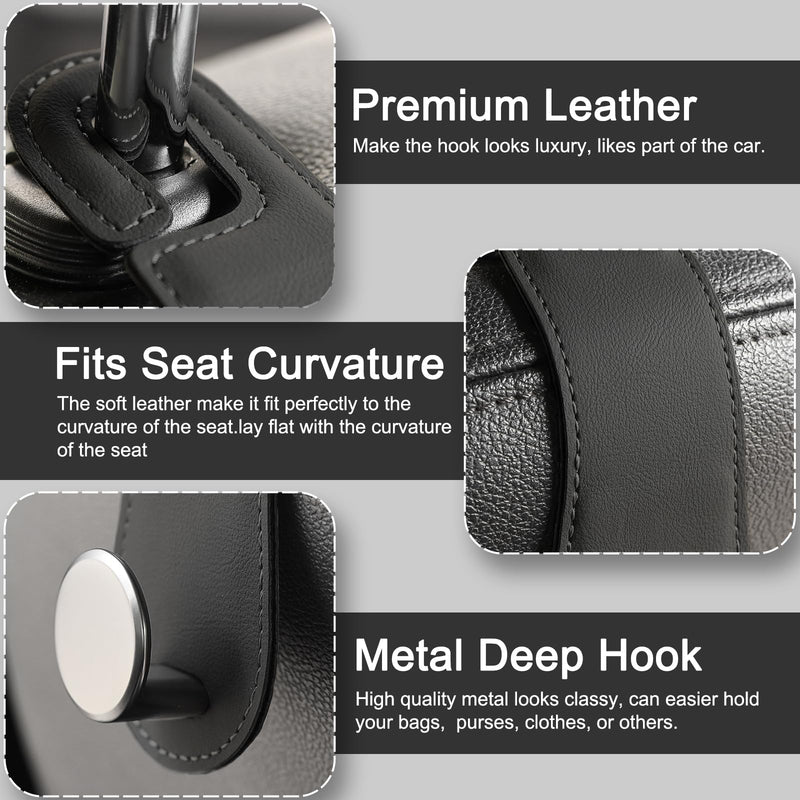 Car Headrest Hooks, 2 Pack Leather Car Seat Storage Hanger for Purses Bags, Stylish Car Seat Organizer Hooks for Handbag Coat Umbrellas, Car Inside Accessories, Black 2 Pcs