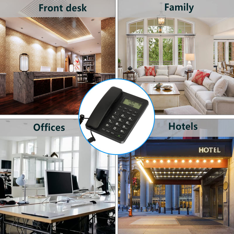 Corded Desktop Telephone–Wired Landline Phone for Home, Office, or Hotel with Adjustable Volume, 3-Level Screen Contrast, Caller ID, and Built-in Calculator-Black Black