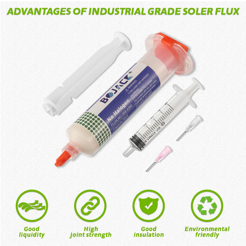 BOJACK 30ML Lead-Free Solder Flux Syringe Solder Flux Paste with 2 Dosing Tools and Push Rod Syringe for LED SMD PCB BGA Electronic Soldering (1.62 oz/46 g)