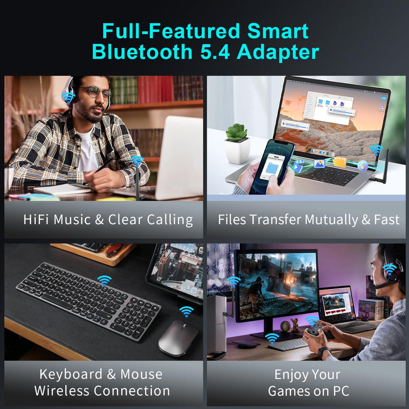 Long Range Bluetooth 5.4 Adapter for PC, Wireless USB Dongle w/ 5dBi Antenna for Laptop Desktop Windows 11 10 8.1 7 Linux, Pair w/Bluetooth Headphones Headset Speaker Mouse Keyboard Printer