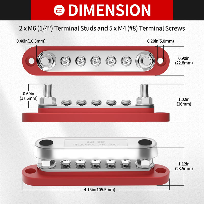 DAIERTEK 12v Bus Bar 150A Small Battery Power Distribution Block 12 Volt Positive & Negative Terminal Block Busbar 2 x 1/4" Terminal Studs 5 x #8 Terminal Screws with Cover for Marine Automotive Car 2M6+5S