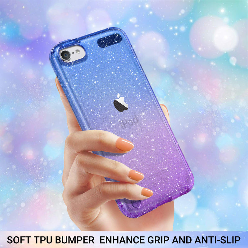 ULAK Clear Gradient Glitter Case for iPod Touch 7th/6th/5th Generation, Hybrid Slim Cute Case for Girls Women, Shockproof Anti-Scratch Soft TPU Bumper Cover for iPod Touch 7/6/5, Blue+Purple Purple