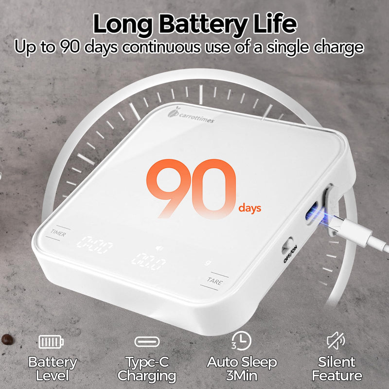 Rechargeable Mini Coffee Scale with Timer, 2kg/0.1g Precision Espresso Scale, Portable Coffee Weight Scale w/ 4 Modes for Espresso and Pour-Over Coffee (White) White