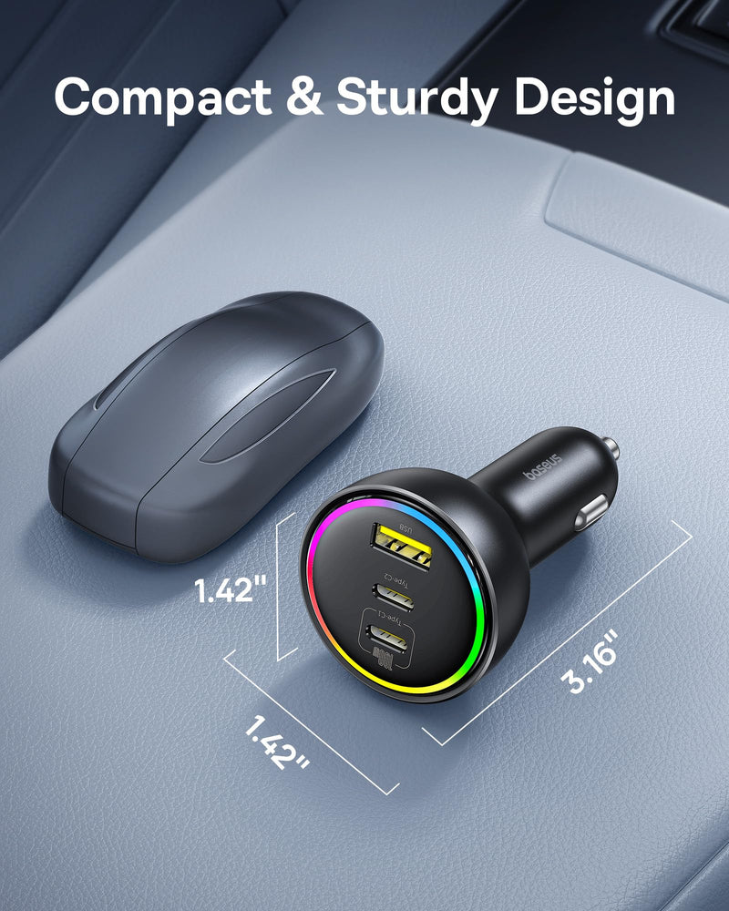 152.5W USB C Car Charger, Baseus Super Fast Charging 3 Ports Car Charger, PD3.0 QC4.0 Ultra Compact RGB Fast Type C Car PhoneCharger Adapter, for iPhone 17 16 15 14 Pro Max Samsung S24 MacBook iPad 152.5W with Cable