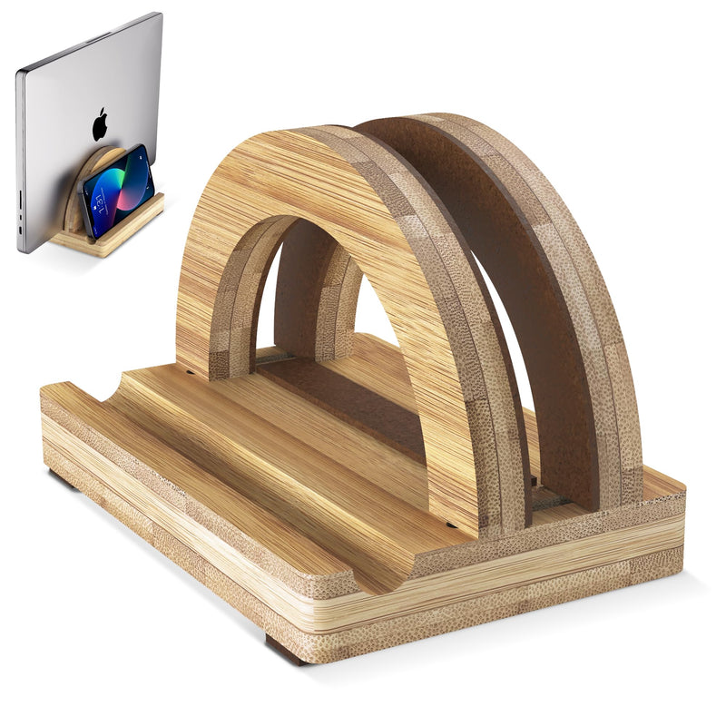 Kothar Premium Wood Vertical Laptop Stand - Adjustable Single Slot Bamboo Holder for MacBook, Dell, HP, and More | Space-Saving Desktop Organizer | Eco-Friendly, Sleek & Durable Design Natural