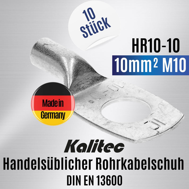 Pack of 10 Kalitec HR10-10 standard tubular cable lugs 10mm² M10 I without viewing hole I Made in Germany