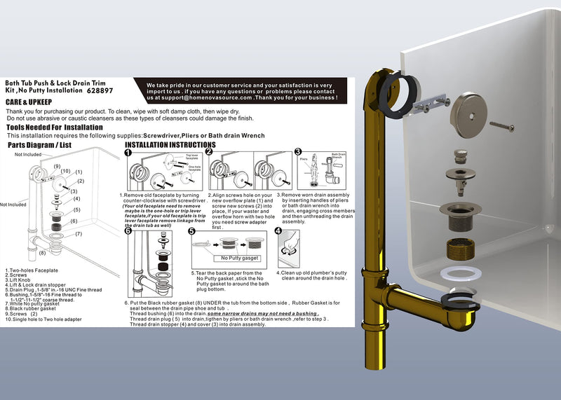 Artiwell Push & Lock Tub Trim Set with Single-Hole Overflow Faceplate, Bathtub Conversion Kit Assembly with Conversion Bar, Universal Fine/Coarse Thread, No Putty Installation (Brushed Gold) Brushed Gold