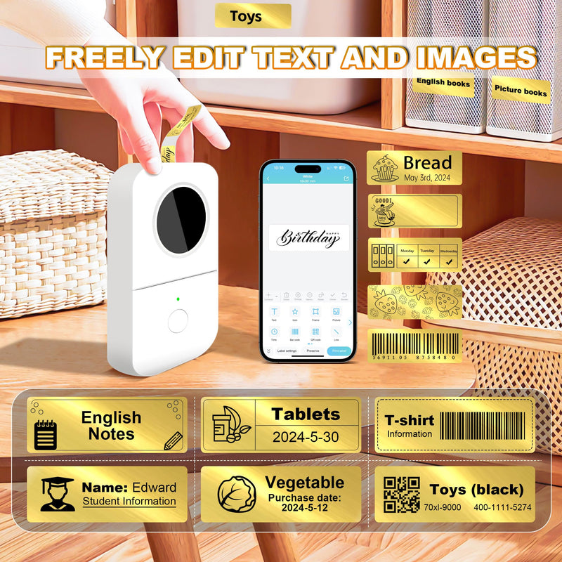 PARLAIM Printing Label Stickers 130pcs 14X50mm (1/2" X1 7/8") Self Adhesive Thermal Label Tape in Dispenser Box Compatible with D30 Labels Maker for Home Office School Bright Gold 1 Roll-130PCS