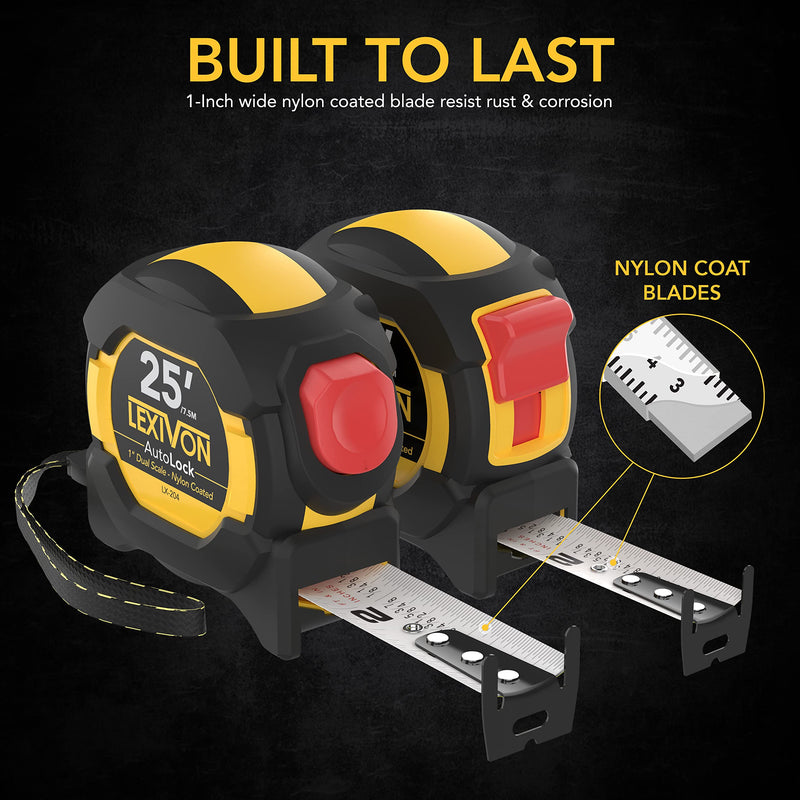 LEXIVON [2-Pack] 25Ft/7.5m Tape Measure, DuaLock & AutoLock | 1-Inch Wide Blade with Nylon Coating, Matt Finish White & Yellow Dual Sided Rule Print | Ft/Inch/Fractions/Metric (LX-204) 2PK-25FT DuaLock & AutoLock